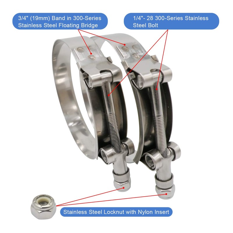 ROADFORMER 122mm- 130mm T-Bolt Hose O.D. Clamp - Working Range 4.81" - 5.12" for 5 inch Hose OD, Stainless Steel Bolt, SS Band Floating Bridge and Nylon Insert Locknut (122mm- 130mm, 2 pack) - Image 2